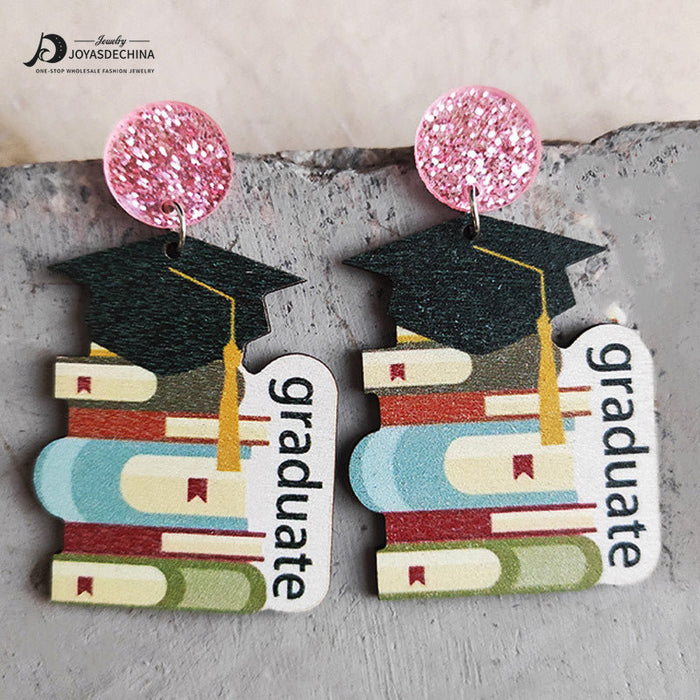 Wholesale Earrings Wooden Teacher's Day Cute Book Graduation Caps 3 Pairs JDC-ES-Heyi054