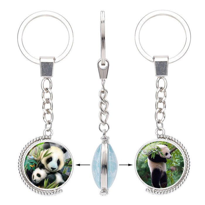 Wholesale Panda Eating Bamboo Time Gemstone Alloy Glass Keychain JDC-KC-NingX017