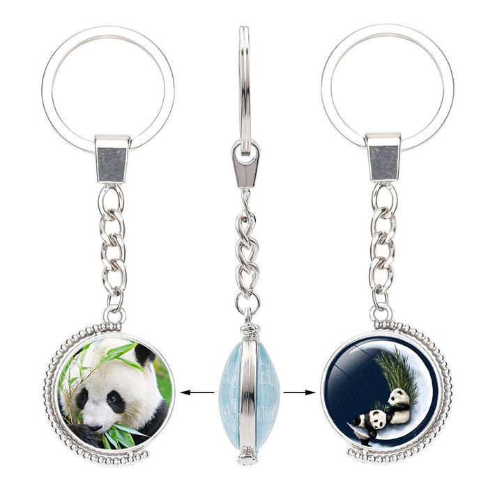 Wholesale Panda Eating Bamboo Time Gemstone Alloy Glass Keychain JDC-KC-NingX017