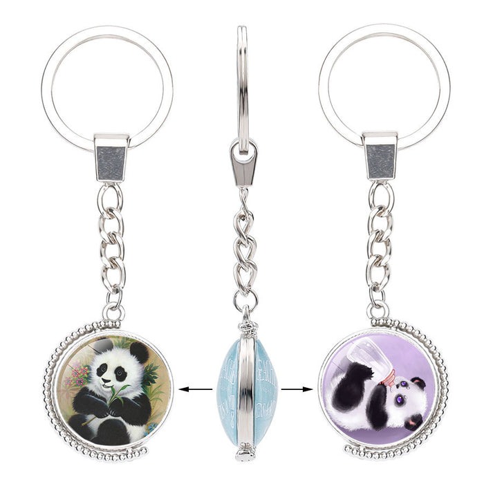 Wholesale Panda Eating Bamboo Time Gemstone Alloy Glass Keychain JDC-KC-NingX017