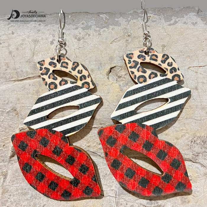 Wholesale Earrings Wooden Lips Block Color Western Cowboy Boots Leopard Print 2 Pairs JDC-ES-HeYi089