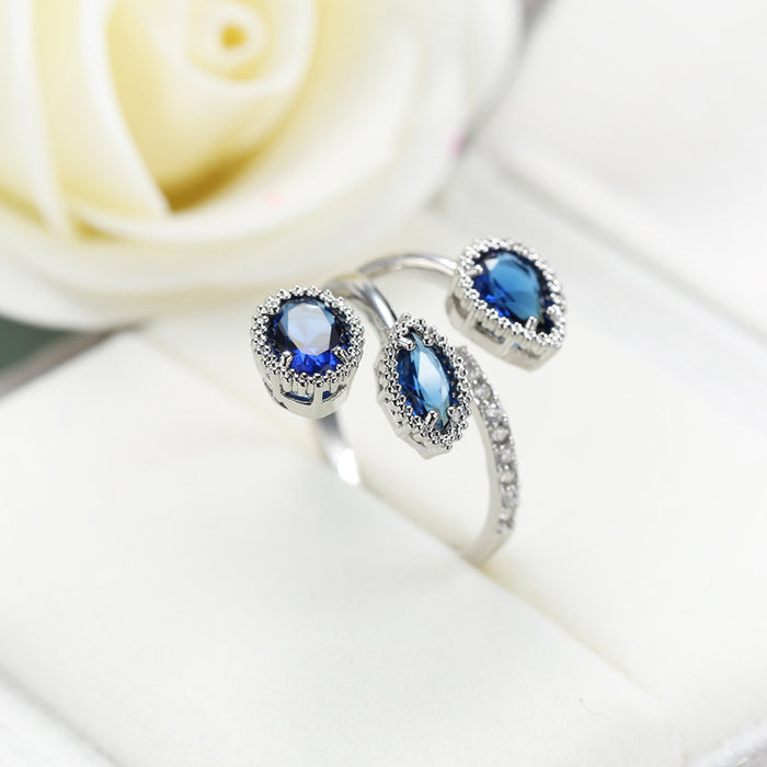 Wholesale Water Drop Sapphire Blue Zirconia Copper Adjustable Ring MOQ≥10 JDC-RS-LongY013