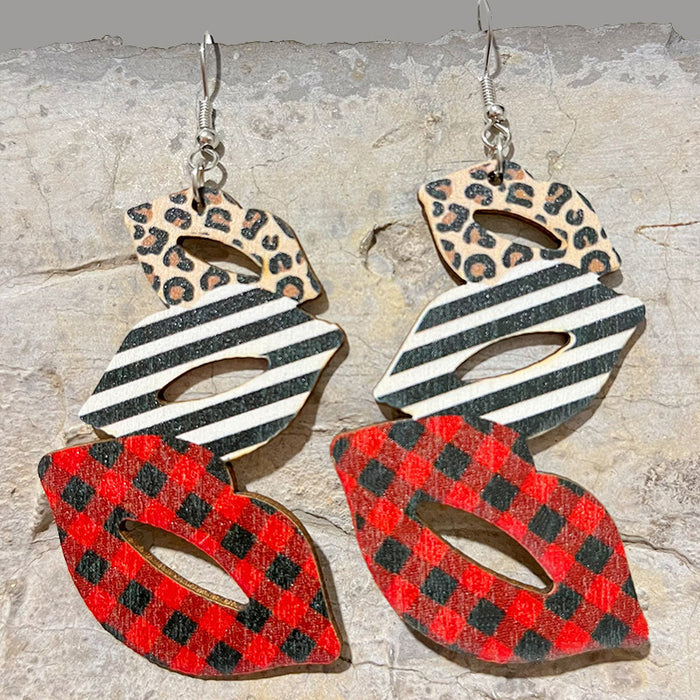 Wholesale Earrings Wooden Lips Block Color Western Cowboy Boots Leopard Print 2 Pairs JDC-ES-HeYi089