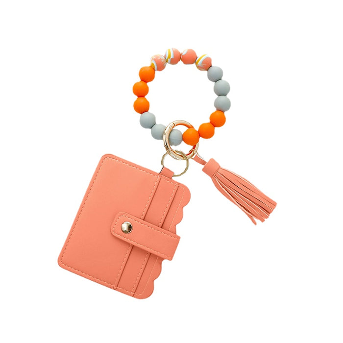 Wholesale Silicone Beaded Leather Card Holder Wristlet Keychain MOQ≥2 JDC-KC-JM037