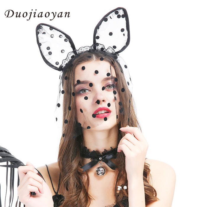 Jewelry WholesaleWholesale personality big polka dot veil lace cat ears headband MOQ≥3 JDC-HD-Jiaoy007 Headband 多娇艳 %variant_option1% %variant_option2% %variant_option3%  Factory Price JoyasDeChina Joyas De China