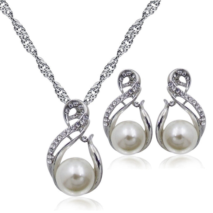 Wholesale Necklace Alloy Pearl Diamond Earrings Set MOQ≥2 JDC-NE-LanT004