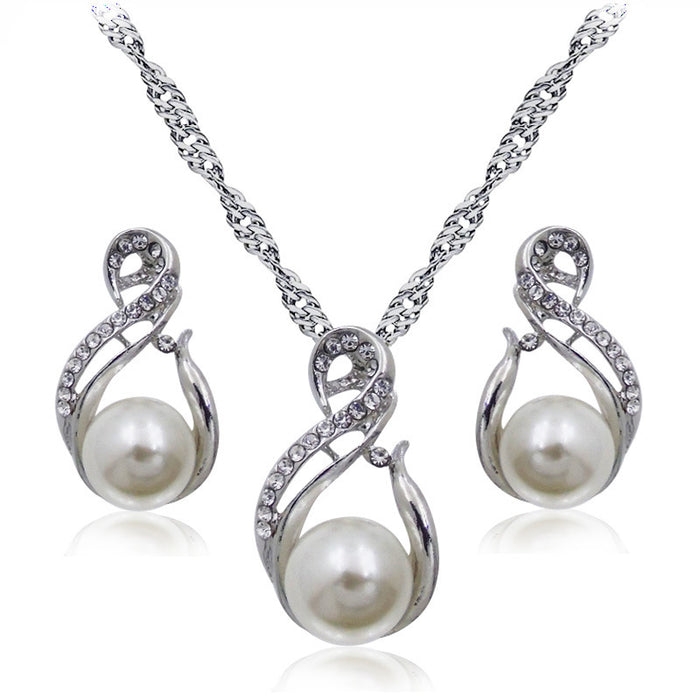 Wholesale Necklace Alloy Pearl Diamond Earrings Set MOQ≥2 JDC-NE-LanT004