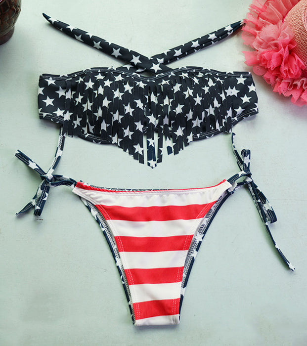 Wholesale Split Swimsuit Strap Print Flag Tassel Sexy Beach Swimwear JDC-SW-Yimei002