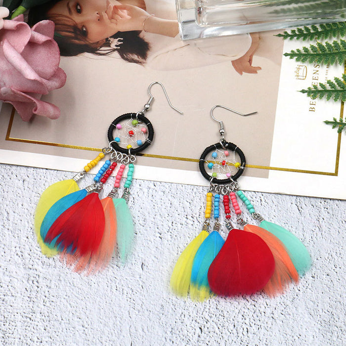 Wholesale Colorful Feather Tassel Boho Beads Dreamcatcher Earrings MOQ≥2 JDC-ES-HH011