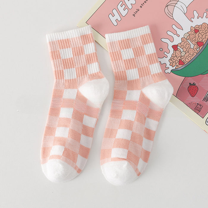 Wholesale of 10pcs Pink Strawberry Fine Striped Checkered Socks JDC-SK-Miqi008