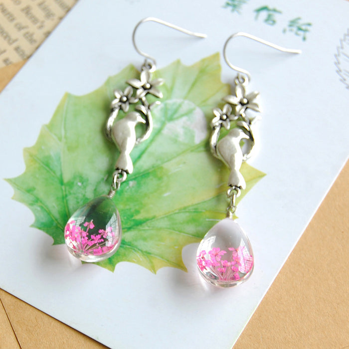 Wholesale fresh literary natural dried flower bird long earrings JDC-ES-naiseng004