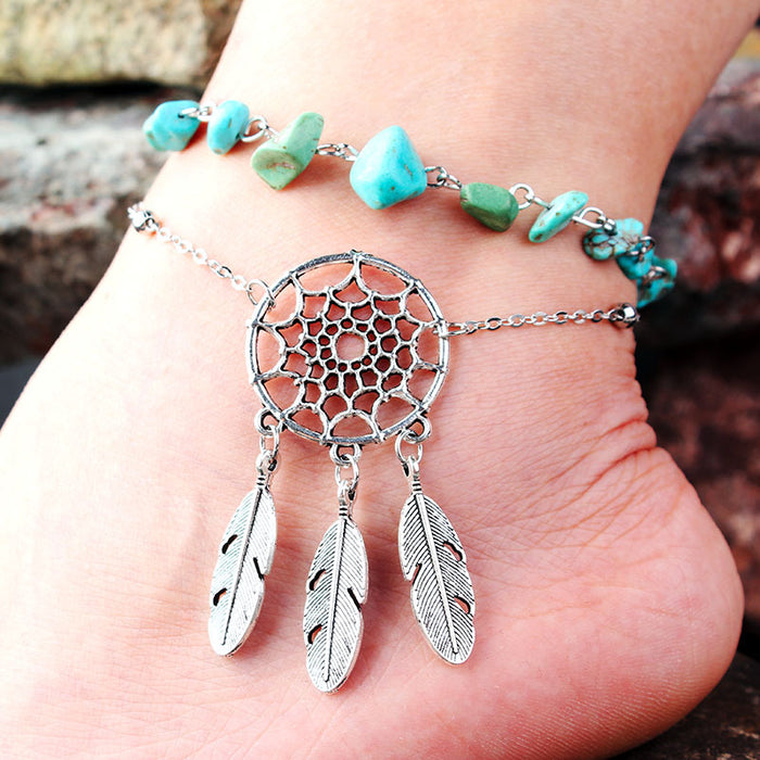 Wholesale Irregular Malachite Turquoise Hollow Dream Catcher Feather Anklet JDC-AS-Lingda001