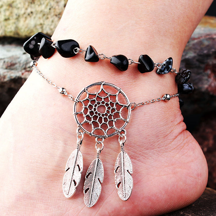 Wholesale Irregular Malachite Turquoise Hollow Dream Catcher Feather Anklet JDC-AS-Lingda001