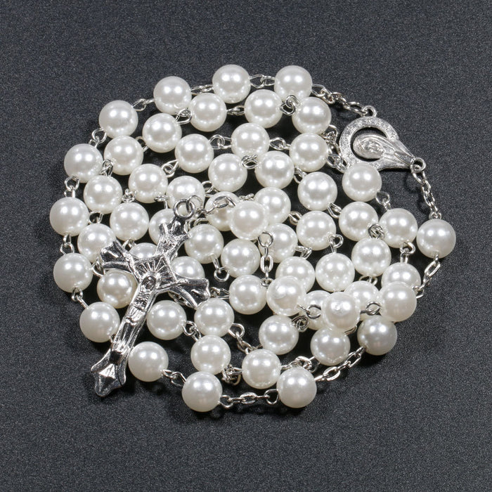 Wholesale Cross Rosary Long Imitation Pearl Necklace JDC-NE-NingX003