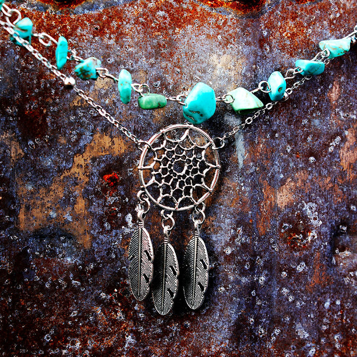 Wholesale Irregular Malachite Turquoise Hollow Dream Catcher Feather Anklet JDC-AS-Lingda001