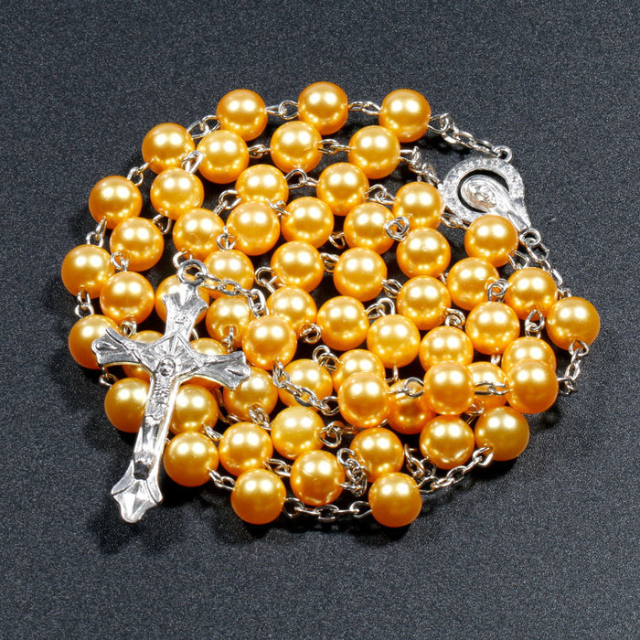 Wholesale Cross Rosary Long Imitation Pearl Necklace JDC-NE-NingX003