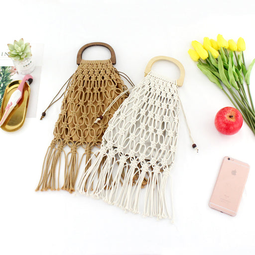 Jewelry WholesaleWholesale Cotton Thread Woven Wooden Handle Portable Fringe Beach Bag JDC-HB-FFC002 Handbags 非凡草 %variant_option1% %variant_option2% %variant_option3%  Factory Price JoyasDeChina Joyas De China