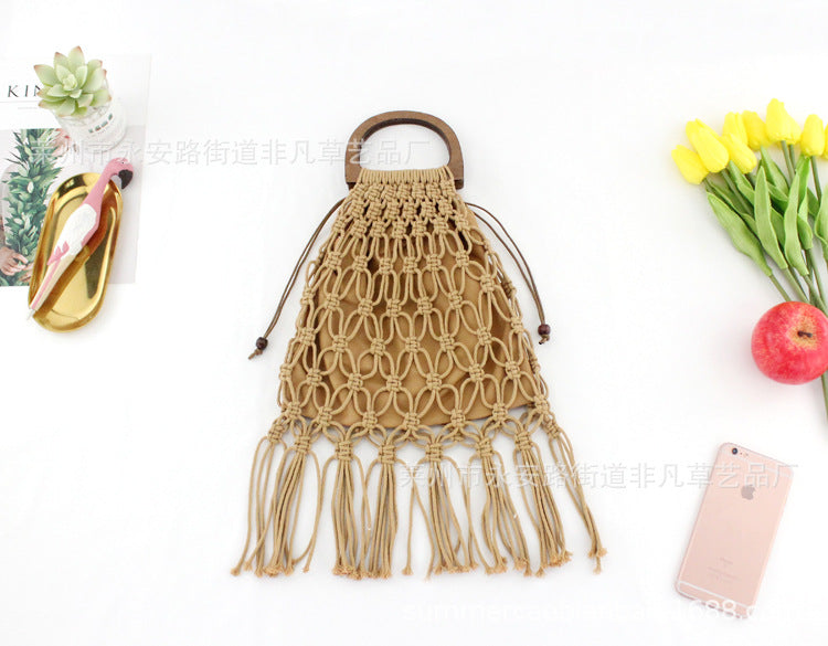 Jewelry WholesaleWholesale Cotton Thread Woven Wood Handle Portable Fringe Beach Bag JDC-HB-FFC002 Handbags 非凡草 %variant_option1% %variant_option2% %variant_option3%  Factory Price JoyasDeChina Joyas De China