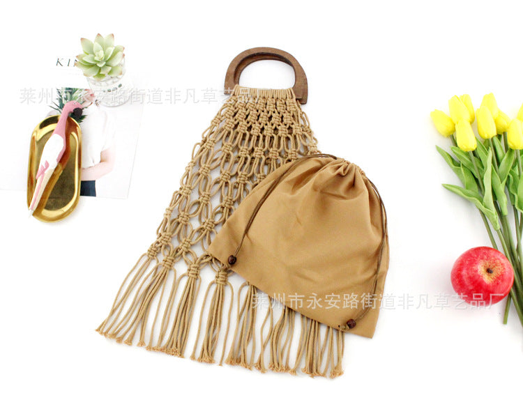 Jewelry WholesaleWholesale Cotton Thread Woven Wood Handle Portable Fringe Beach Bag JDC-HB-FFC002 Handbags 非凡草 %variant_option1% %variant_option2% %variant_option3%  Factory Price JoyasDeChina Joyas De China