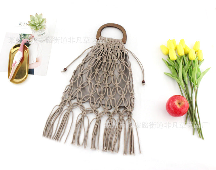 Jewelry WholesaleWholesale Cotton Thread Woven Wood Handle Portable Fringe Beach Bag JDC-HB-FFC002 Handbags 非凡草 %variant_option1% %variant_option2% %variant_option3%  Factory Price JoyasDeChina Joyas De China