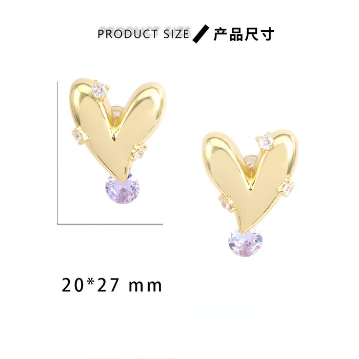 Wholesale Earrings Inlaid Purple Zircon Heart Gold Plated Copper JDC-ES-PREMTIANY003