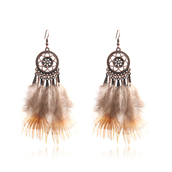 Wholesale Earrings Alloy Vintage Flowers Diamond Feather Chain Tassel MOQ≥2 JDC-ES-HH030