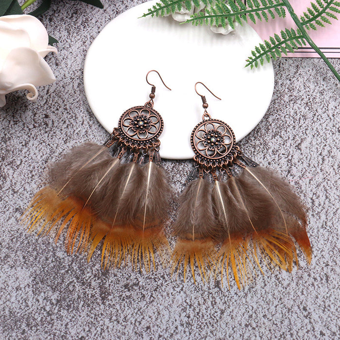 Wholesale Earrings Alloy Vintage Flowers Diamond Feather Chain Tassel MOQ≥2 JDC-ES-HH030