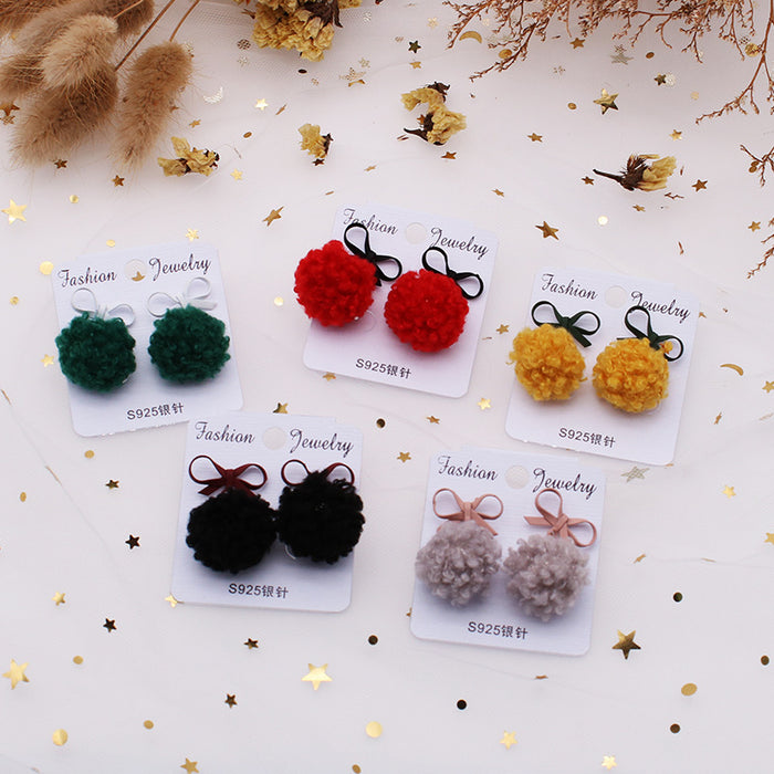 Wholesale Earring Copper Cute Cashmere Ball Bow MOQ≥2 JDC-ES-YiCe005