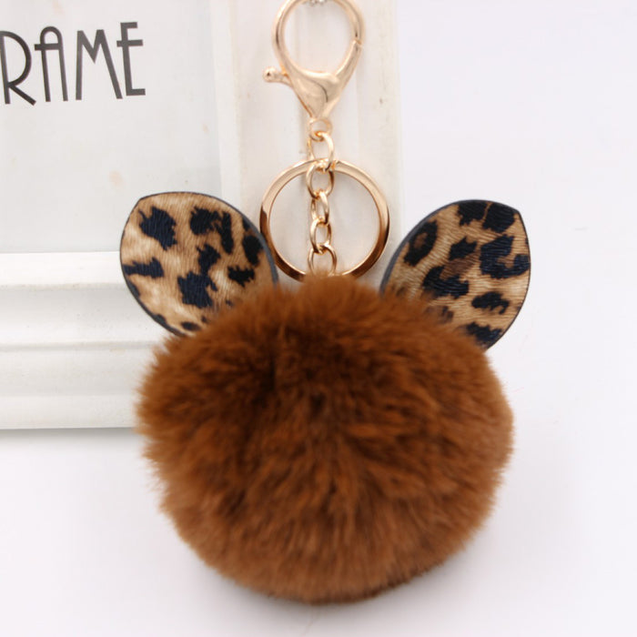 Wholesale Leopard Print Ear Fur Pom Plush Keychain Hanging JDC-KC-ZuGe082