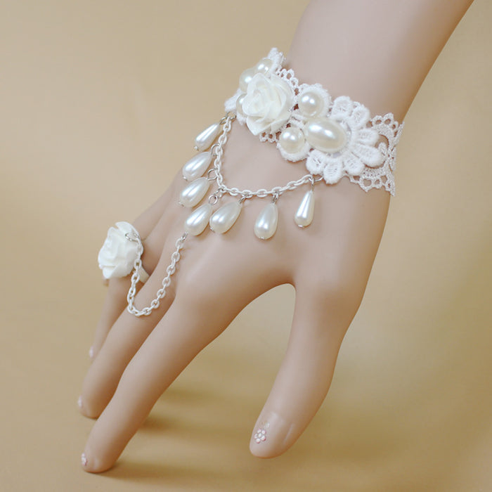 Wholesale White Rose Pearl Lace Bracelet Ring MOQ≥2 JDC-RS-FengY003