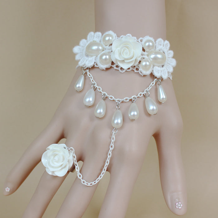 Wholesale White Rose Pearl Lace Bracelet Ring MOQ≥2 JDC-RS-FengY003