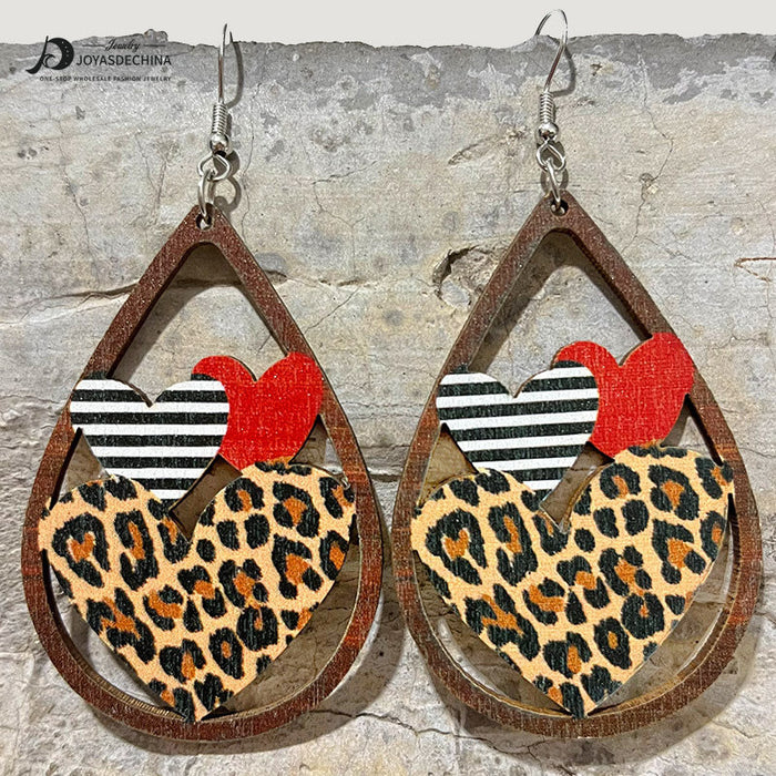 Wholesale Earrings Wooden Printed Hollow Heart 2 Pairs JDC-ES-HeYi090