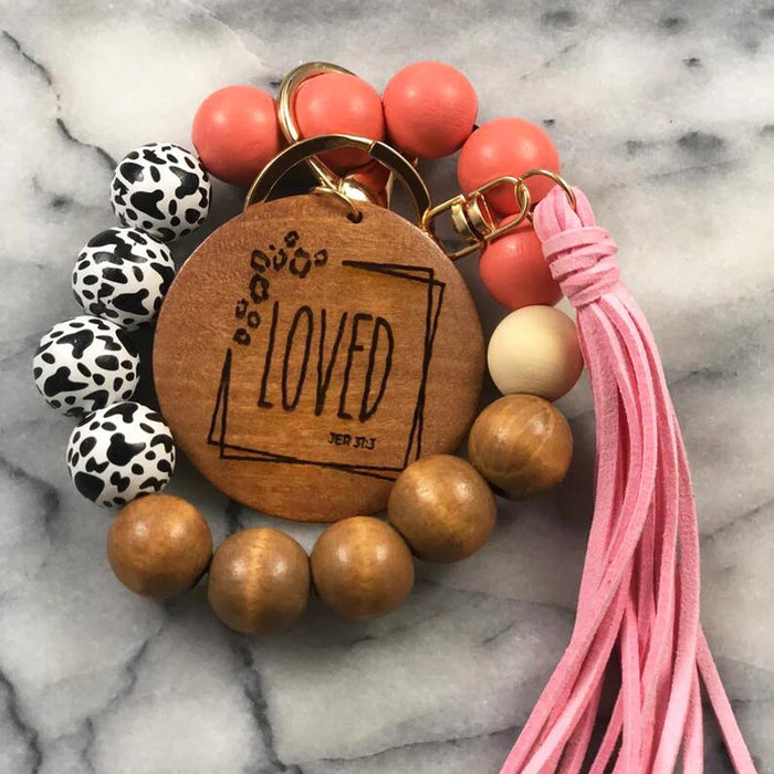 Wholesale Keychains Wood Chips Pendant Leopard Wood Beads Elastic Rope Tassel MOQ≥2 JDC-KC-JuX003