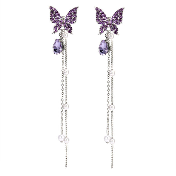 Wholesale Earrings Alloy Purple Butterfly Long Pearl Tassel JDC-ES-XingY002