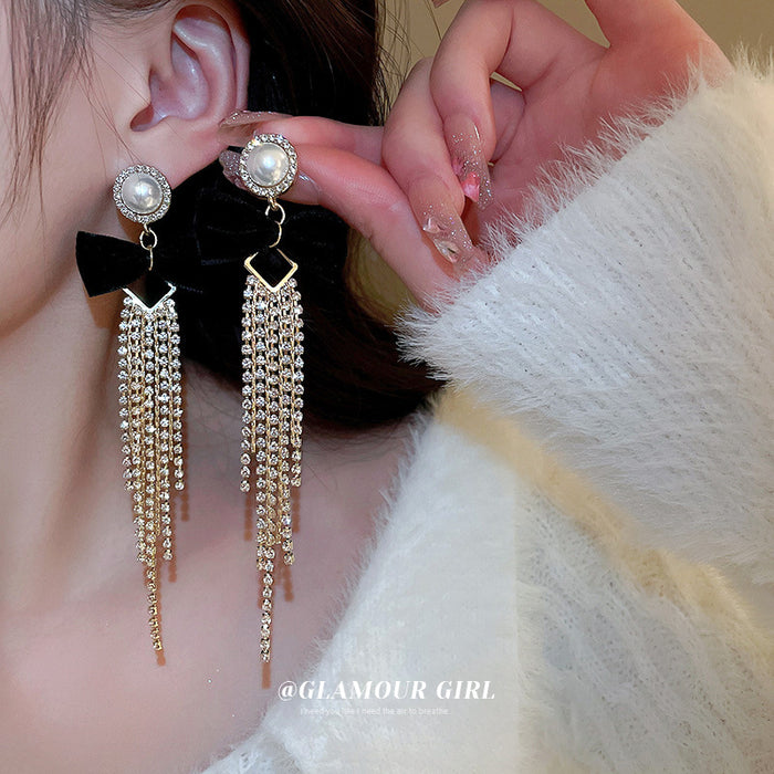 Wholesale Earrings Alloy Pearl Bow Knot Diamond Tassel Chain JDC-ES-BY334