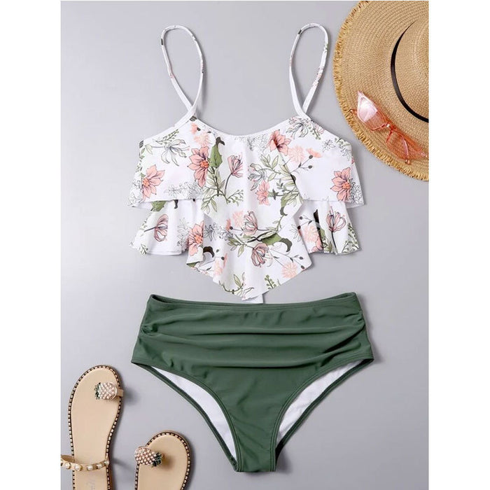 Wholesale tankini High Waist Lotus Leaf Print Swimwear MOQ≥2 JDC-SW-Yongle004