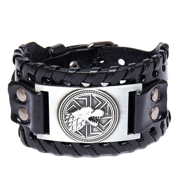 Wholesale Vintage Braided Leather Bracelet Punk Metal Wolf Head Totem Bracelet JDC-BT-BaB006