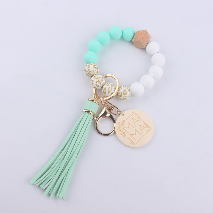 Wholesale MAMA Leopard Print Silicone Beaded Wrist Keychain JDC-KC-GuangTian002