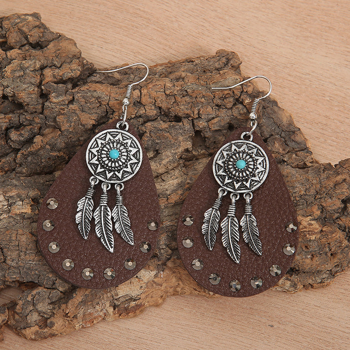 Wholesale Earrings Alloy Leather Turquoise Feather Earrings JDC-ES-Saip063