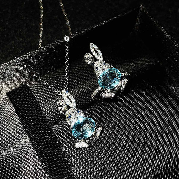 Wholesale Micro Inlaid Diamond Stud Earrings Imitation Natural Sky Blue Topaz Pendant Cute Open Rabbit Ring JDC-NE-ZhenR002