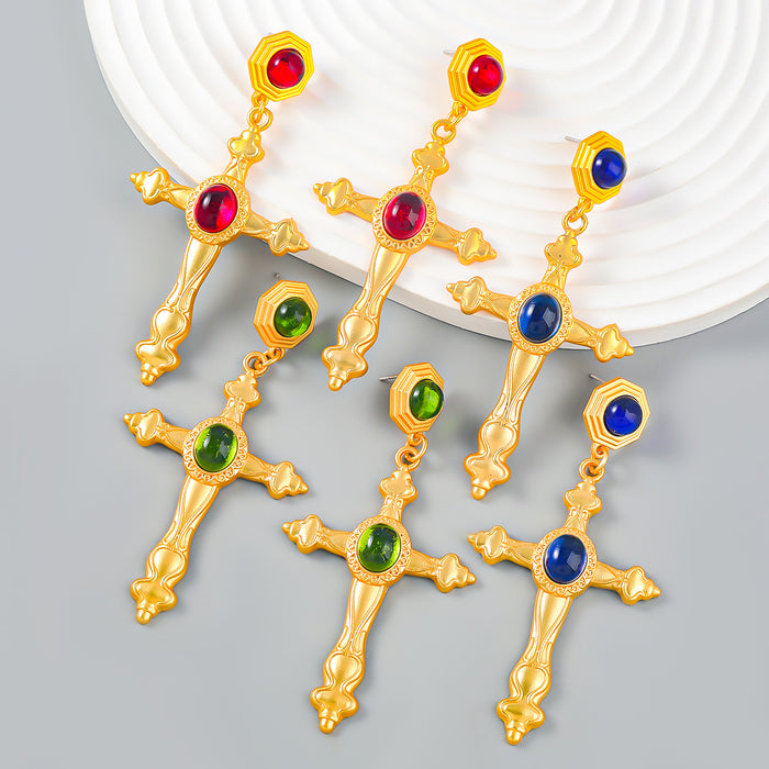 Wholesale Earrings Alloy Vintage Inlaid Resin Cross JDC-ES-JL1064