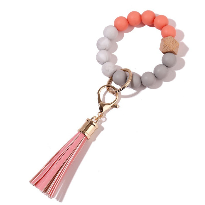 Jewelry WholesaleWholesale Silicone Bead Bracelet Wooden Bead Tassel Keychain JDC-KC-JinHan001 Keychains 金涵 %variant_option1% %variant_option2% %variant_option3%  Factory Price JoyasDeChina Joyas De China