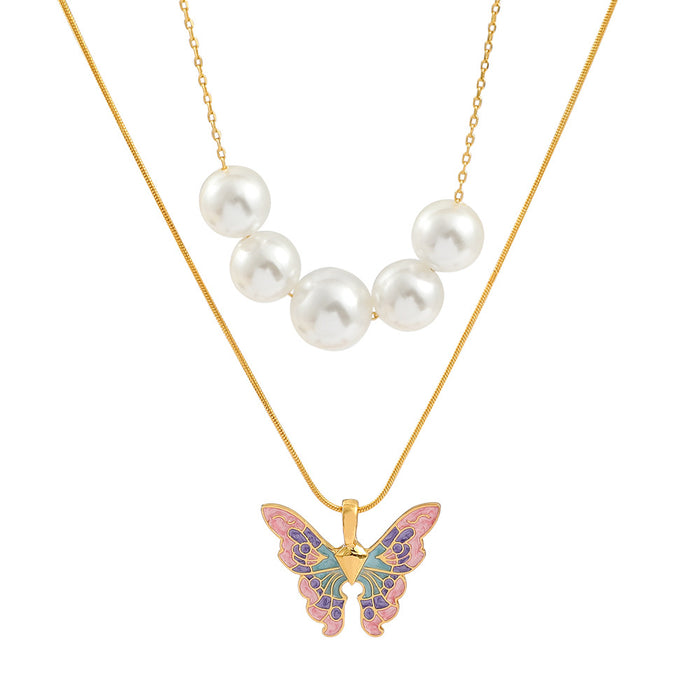 Wholesale Double Layer Butterfly Pearl Necklace Premium Enamel Pendant JDC-NE-kefeng002