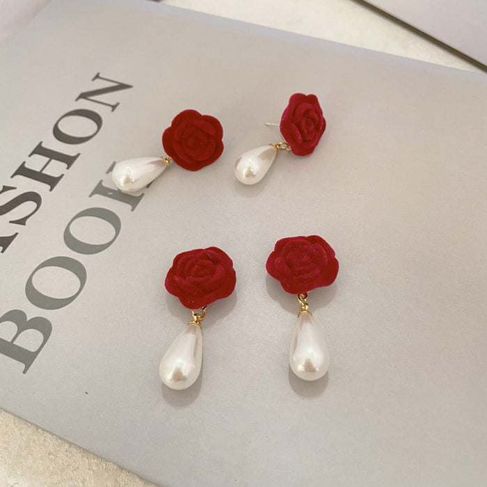 Wholesale Earrings Pearl Vintage Wine Red Flocking Rose Flowers JDC-ES-ABL008