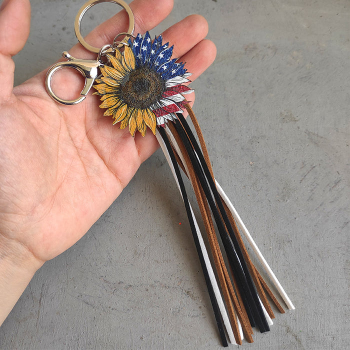 Wholesale 4th of July Independence Day Cactus Sunflower Alloy Wood Tassel Keychain MOQ≥2 JDC-KC-HeYi011