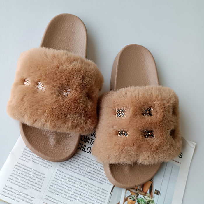 Wholesale Summer Fashion Color Fox Fur Flat Slippers Women JDC-SP-NED001