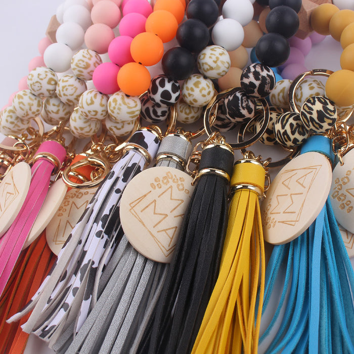 Wholesale MAMA Leopard Print Silicone Beaded Wrist Keychain JDC-KC-GuangTian002
