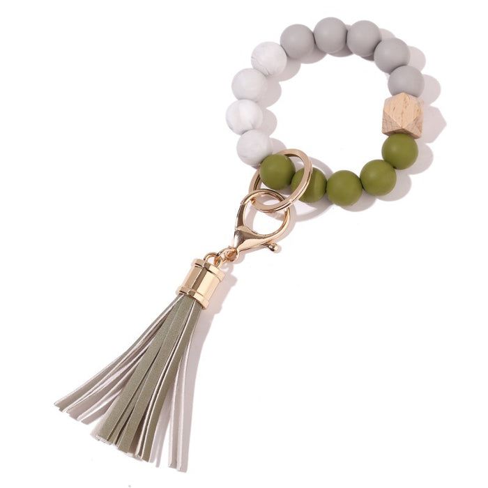 Jewelry WholesaleWholesale Silicone Bead Bracelet Wooden Bead Tassel Keychain JDC-KC-JinHan001 Keychains 金涵 %variant_option1% %variant_option2% %variant_option3%  Factory Price JoyasDeChina Joyas De China