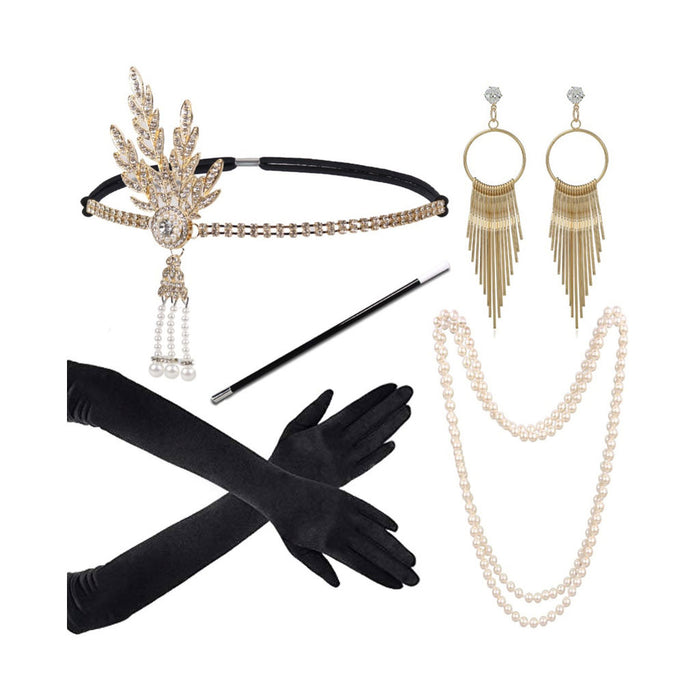 Wholesale Clothes Gatsby Party Feather Headband Pearl Necklace Set MOQ≥10 JDC-CTS-LangDao002