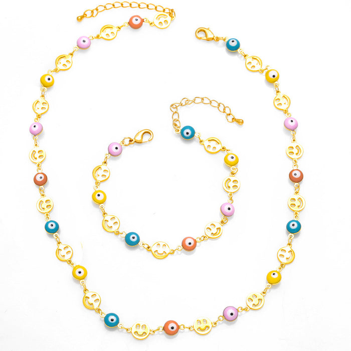 Wholesale Bracelet Copper Color Drop Oil Eyes Smiley Mosaic Necklace Set JDC-BT-AS163